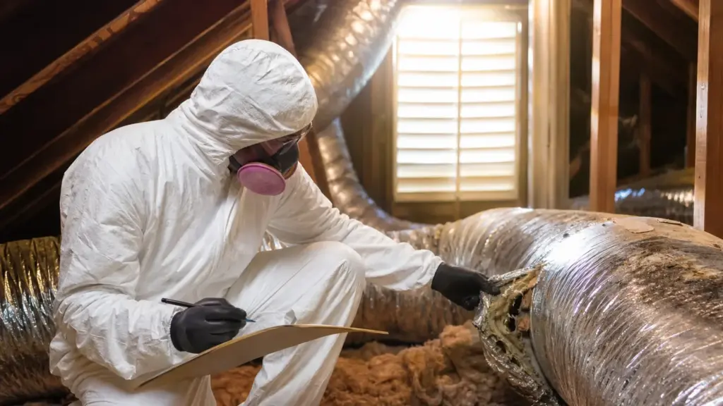 Technician in protective gear inspects ductwork in attic space during HVAC maintenance.