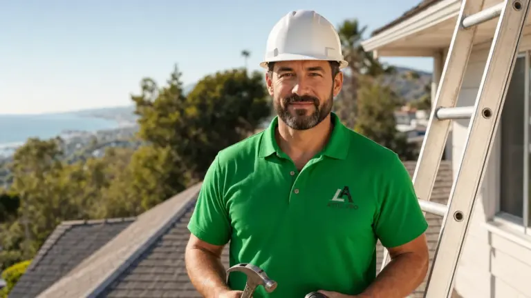 Professional contractor in green branded polo and hard hat on residential roofing project with coastal views.