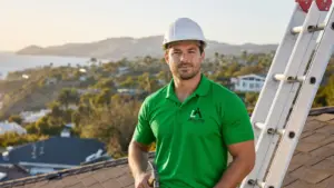 Professional roofer in green uniform with hard hat standing on residential rooftop with coastal view.