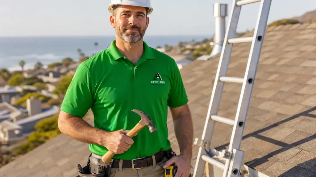 Professional roofer on residential roofing job with coastal ocean view in background.