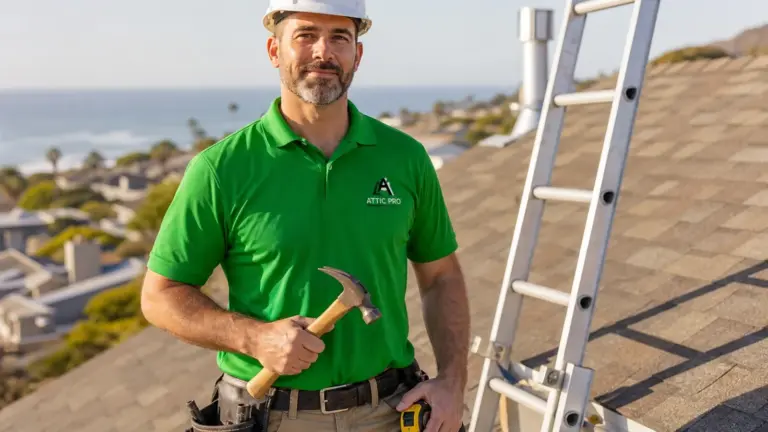Professional roofer on residential roofing job with coastal ocean view in background.