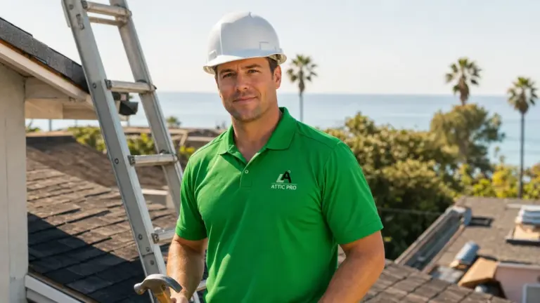 Professional roofer in green branded shirt poses on residential rooftop with ocean view.