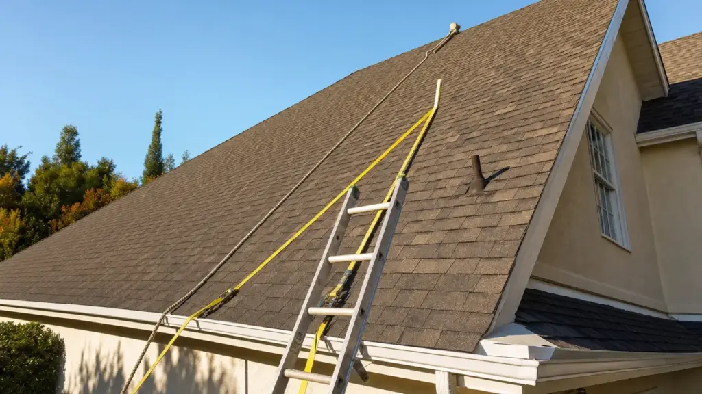 Ladder and safety ropes positioned on residential roof during shingle installation or repair work.
