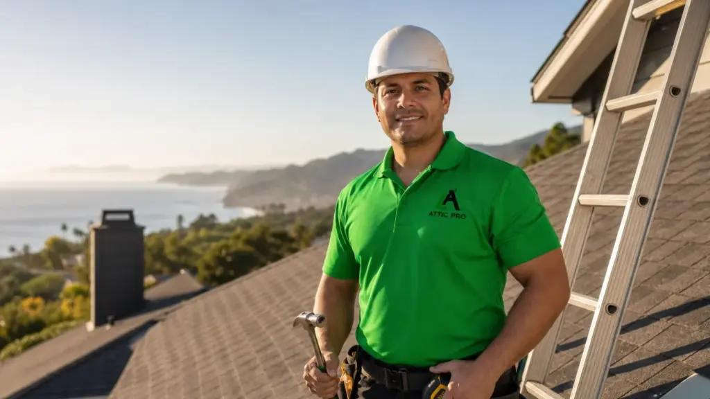 Professional roofer in green ATTIC PRO uniform poses on residential roof with scenic coastal view.