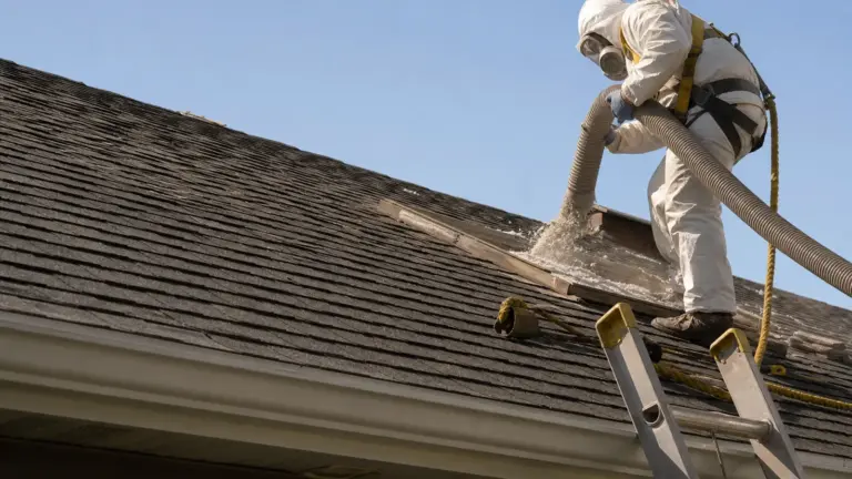 Professional worker in protective gear spraying roof during asbestos abatement.