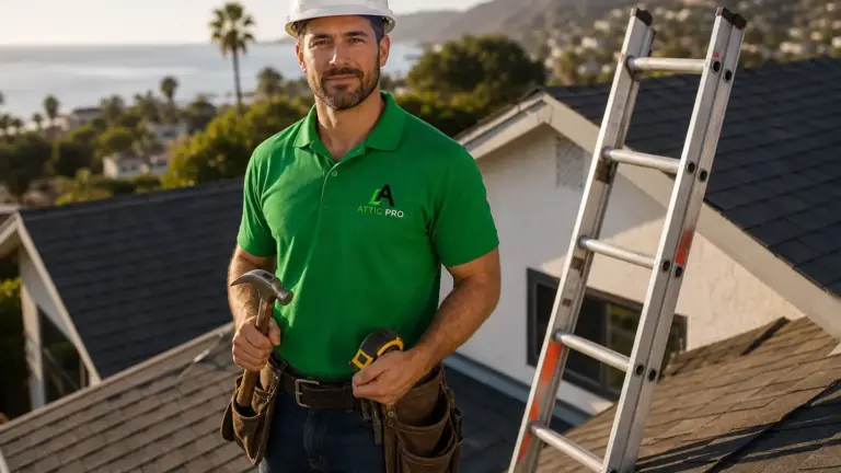 Professional roofer on residential rooftop with ocean view in coastal neighborhood.