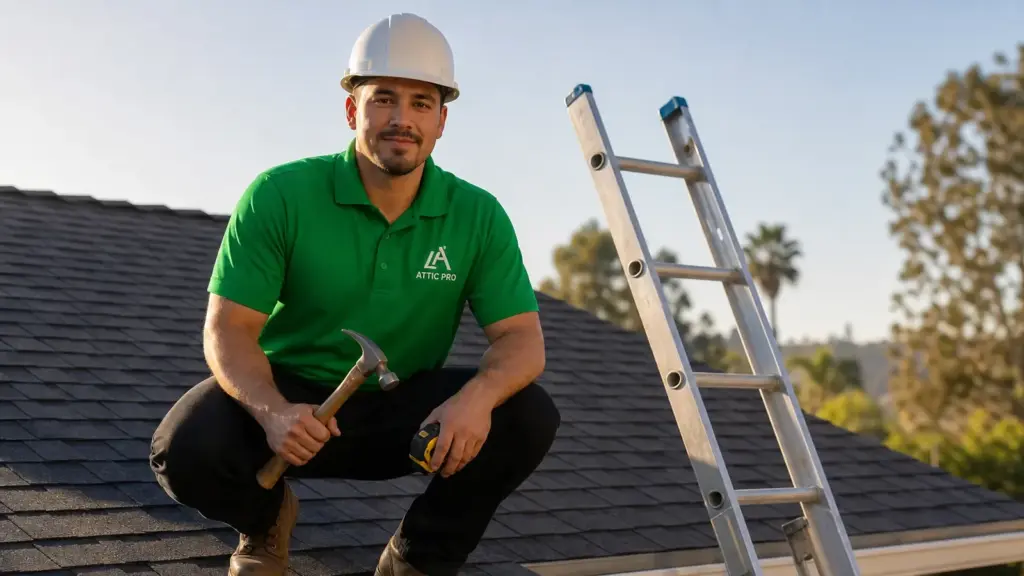 Professional roofer in green Attic Pro uniform on residential roof with ladder and hammer.