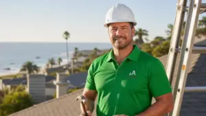 Construction worker in green branded shirt and hard hat on rooftop with ocean view.