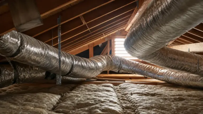 Attic insulation and HVAC ductwork installation in residential home space.