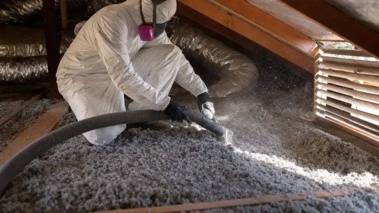 Worker in protective gear applying blown-in insulation in attic space using hose equipment.
