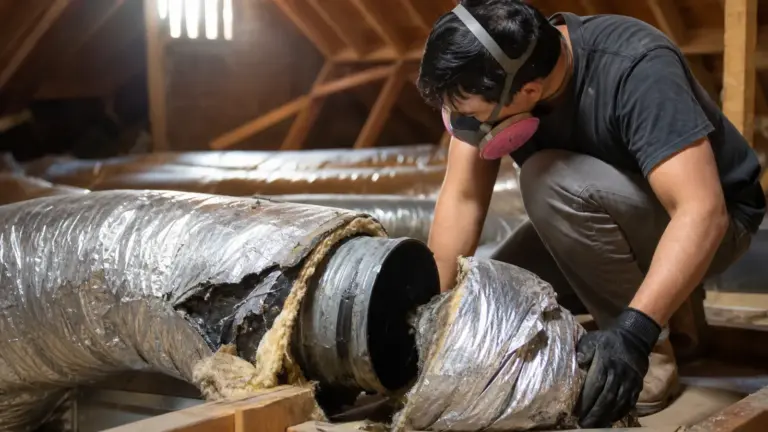 Worker inspects ductwork with buildup during HVAC maintenance in attic space.