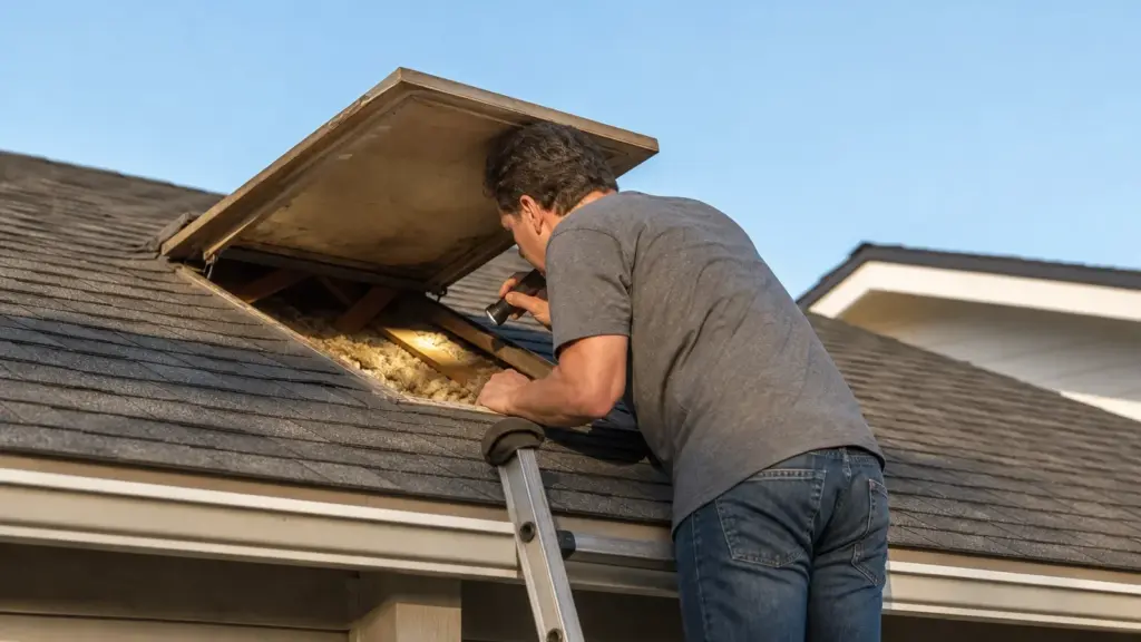 Man cleaning gutters from ladder on residential home roof