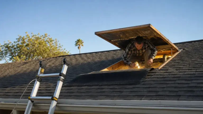Worker inspects roof attic space through open skylight on residential home.