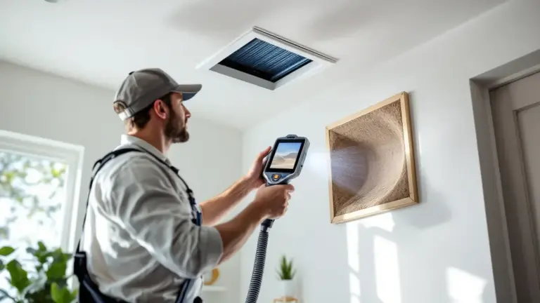 A technician in a clean uniform uses a flexible inspection camera to peer into an open return-air duct register in a bri