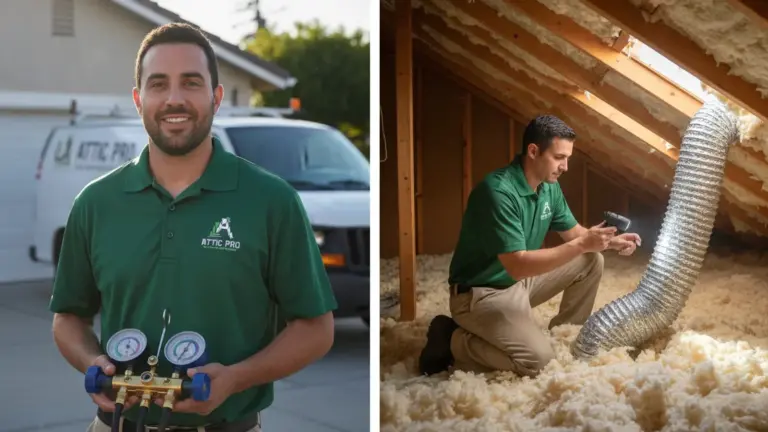 A professional technician in work clothes kneeling in a sunlit Camarillo attic, examining a section of disconnected silv