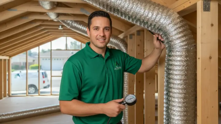 A close-up photograph of a professional HVAC technician in a clean attic, using a hand tool to secure a brand-new, silve