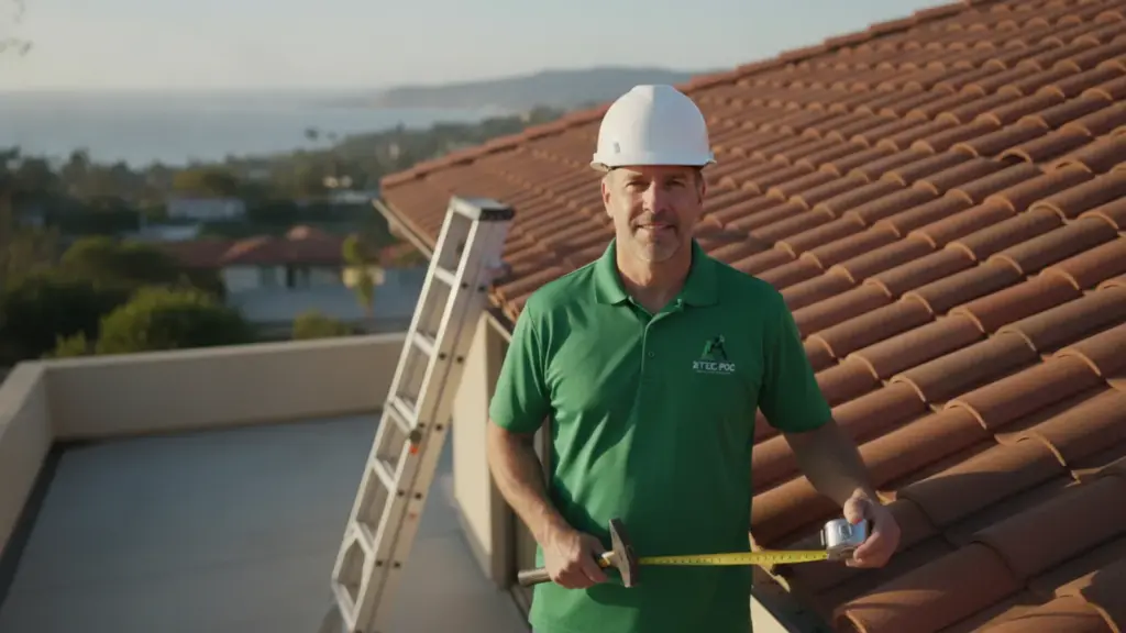Professional roofer with measuring tape on residential tile roof with scenic coastal background.