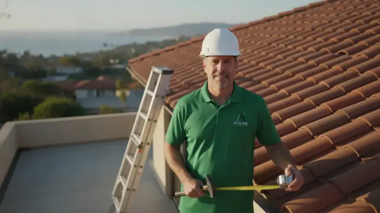 Professional roofer with measuring tape on residential tile roof with scenic coastal background.