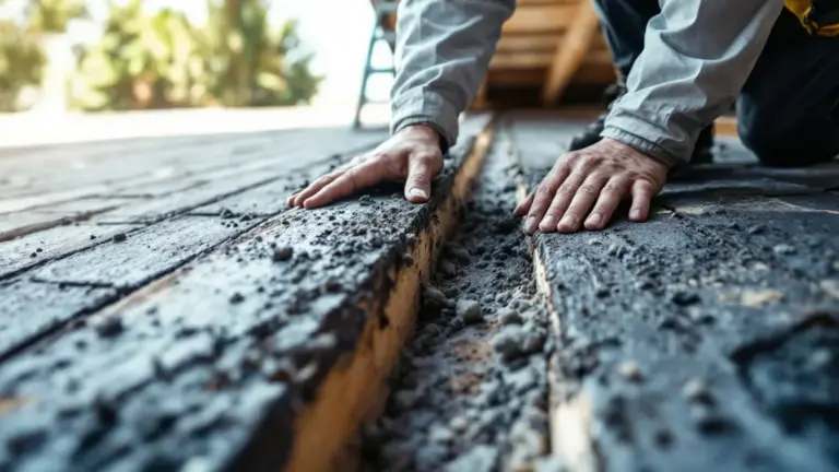 Close-up shot of a professional technician in a protective suit examining dirty, flattened fiberglass batts next to a du