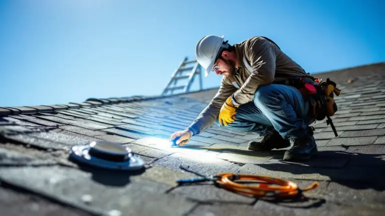 Roofer inspects asphalt shingles on residential roof in bright daylight.