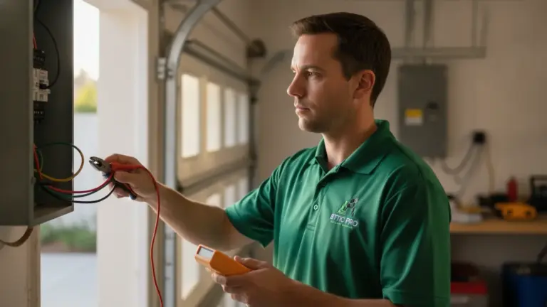 Electrician in green uniform testing electrical panel with multimeter device