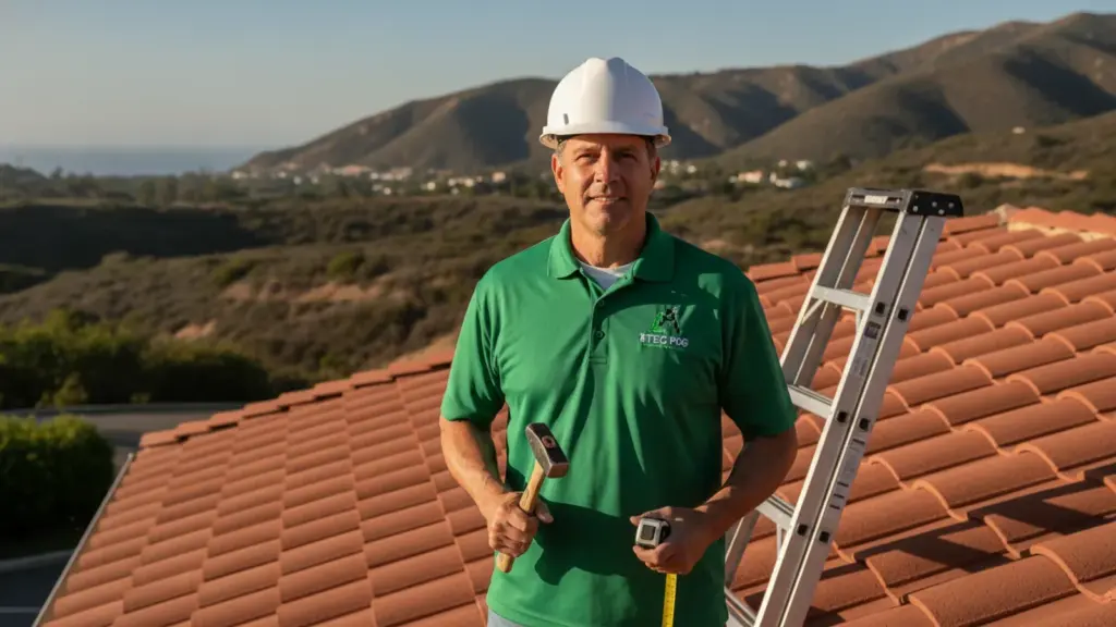 Professional roofer in safety gear poses on residential tile roof with scenic coastal valley backdrop.