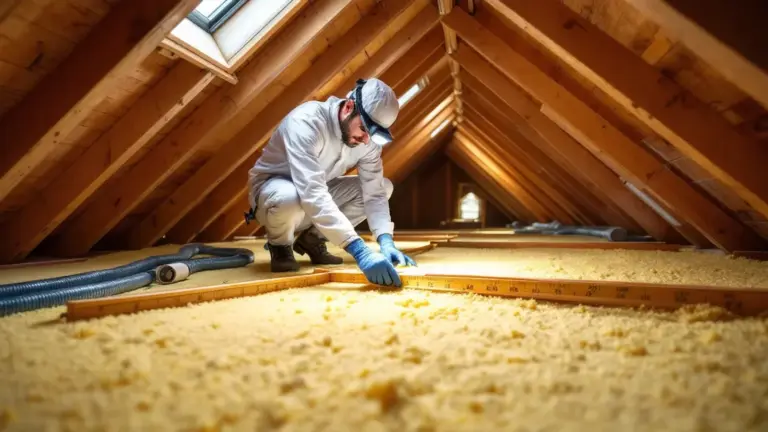 Worker installing insulation in attic space with wooden beams and skylight.