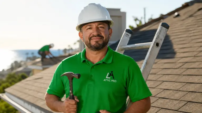 Professional roofer in green Attic Pro shirt and hard hat on residential roofing job.