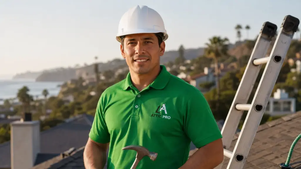 Professional contractor on rooftop with tools and coastal city view in background.