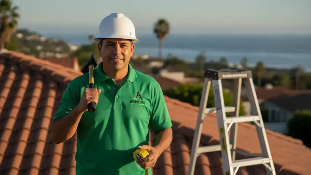 Construction worker on roofing job with ocean view backdrop and professional tools