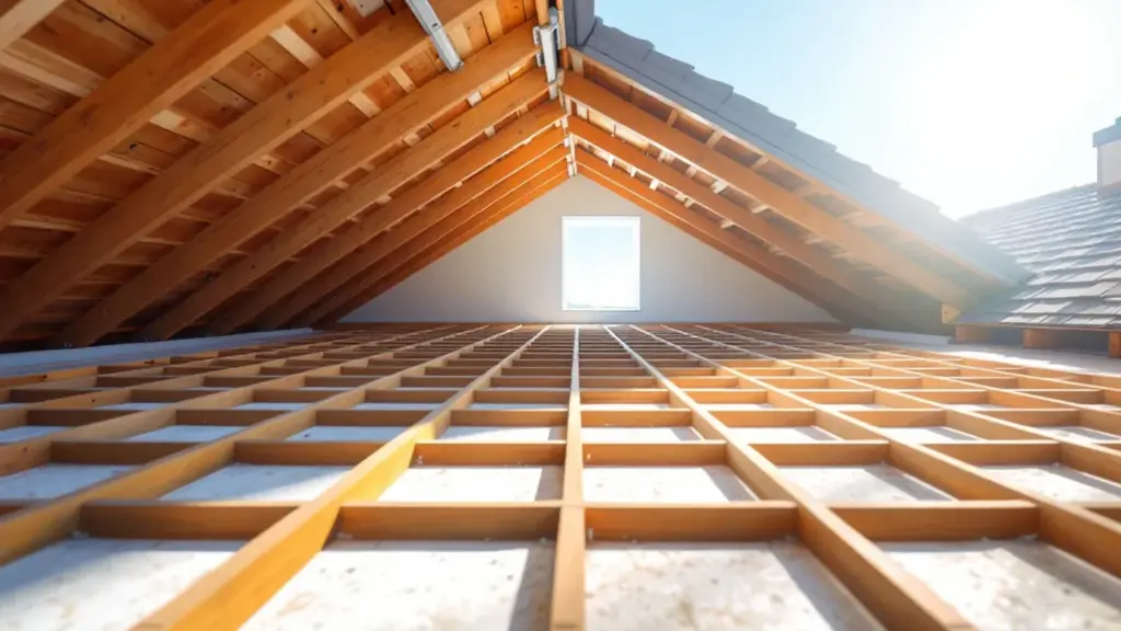 An empty, clean residential attic space in Los Angeles with visible wooden rafters and joists, clearly showing a disinfe